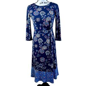 Talbots Midi Dress Blue Floral Print Side Twist Ruched 3/4 Sleeve size 2P